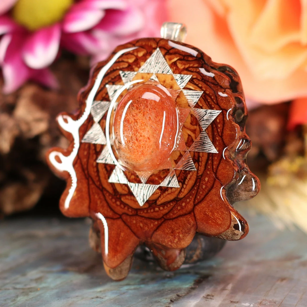 TEP Pendants Red Sunstone With Silver Sri Yantra 4 TEP Pendants Red Sunstone With Silver Sri Yantra