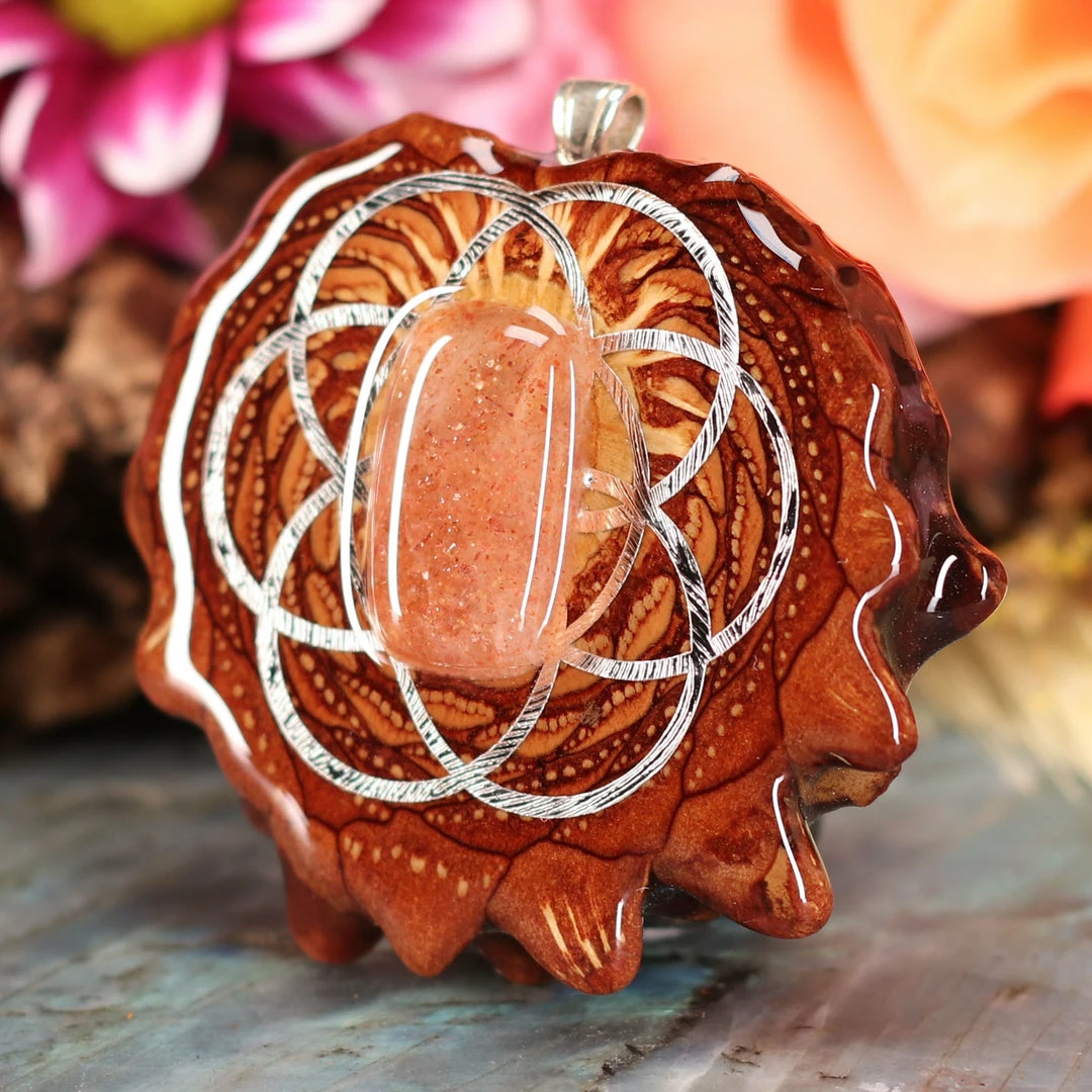 TEP Pendants Red Sunstone With Silver Seed Of Life 4 TEP Pendants Red Sunstone With Silver Seed Of Life