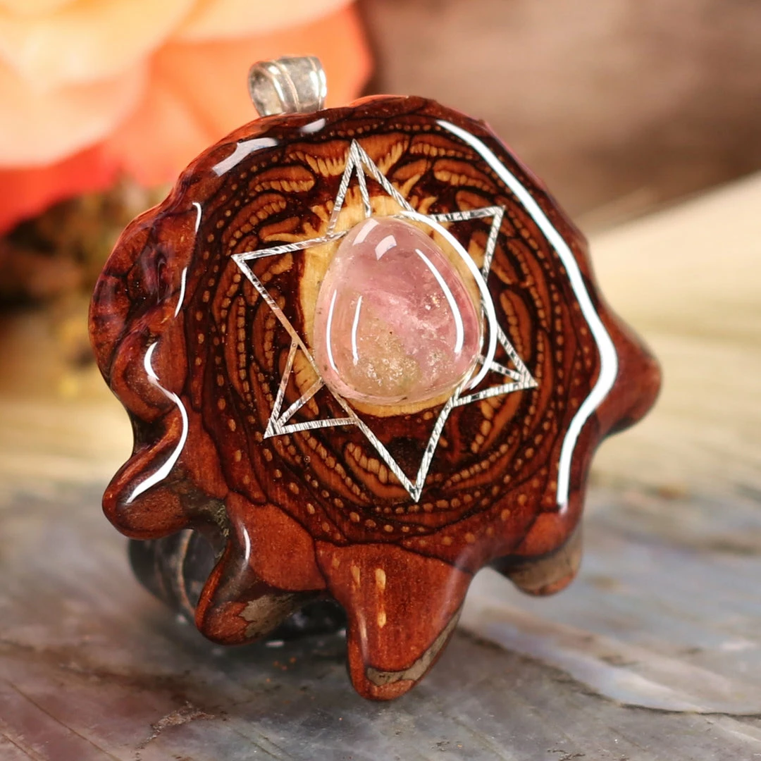 TEP Watermelon Tourmaline With Silver Merkaba And Back Om Pendants 5 TEP Watermelon Tourmaline With Silver Merkaba And Back Om Pendants