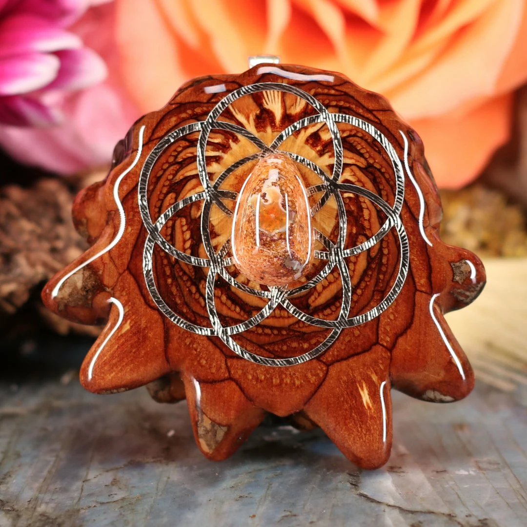 TEP Mexican Fire Opal With Silver Seed Of Life 3 TEP Mexican Fire Opal With Silver Seed Of Life