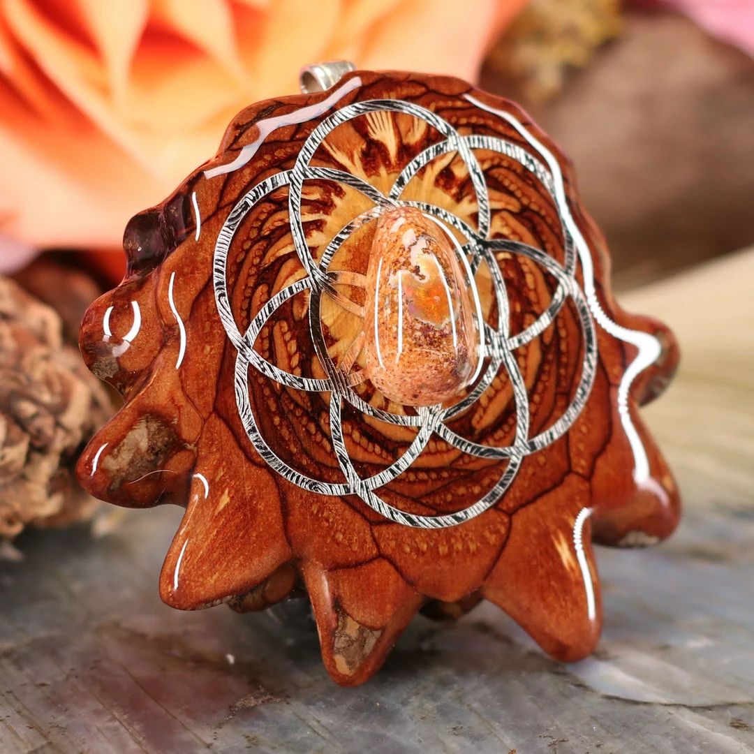 TEP Mexican Fire Opal With Silver Seed Of Life 5 TEP Mexican Fire Opal With Silver Seed Of Life