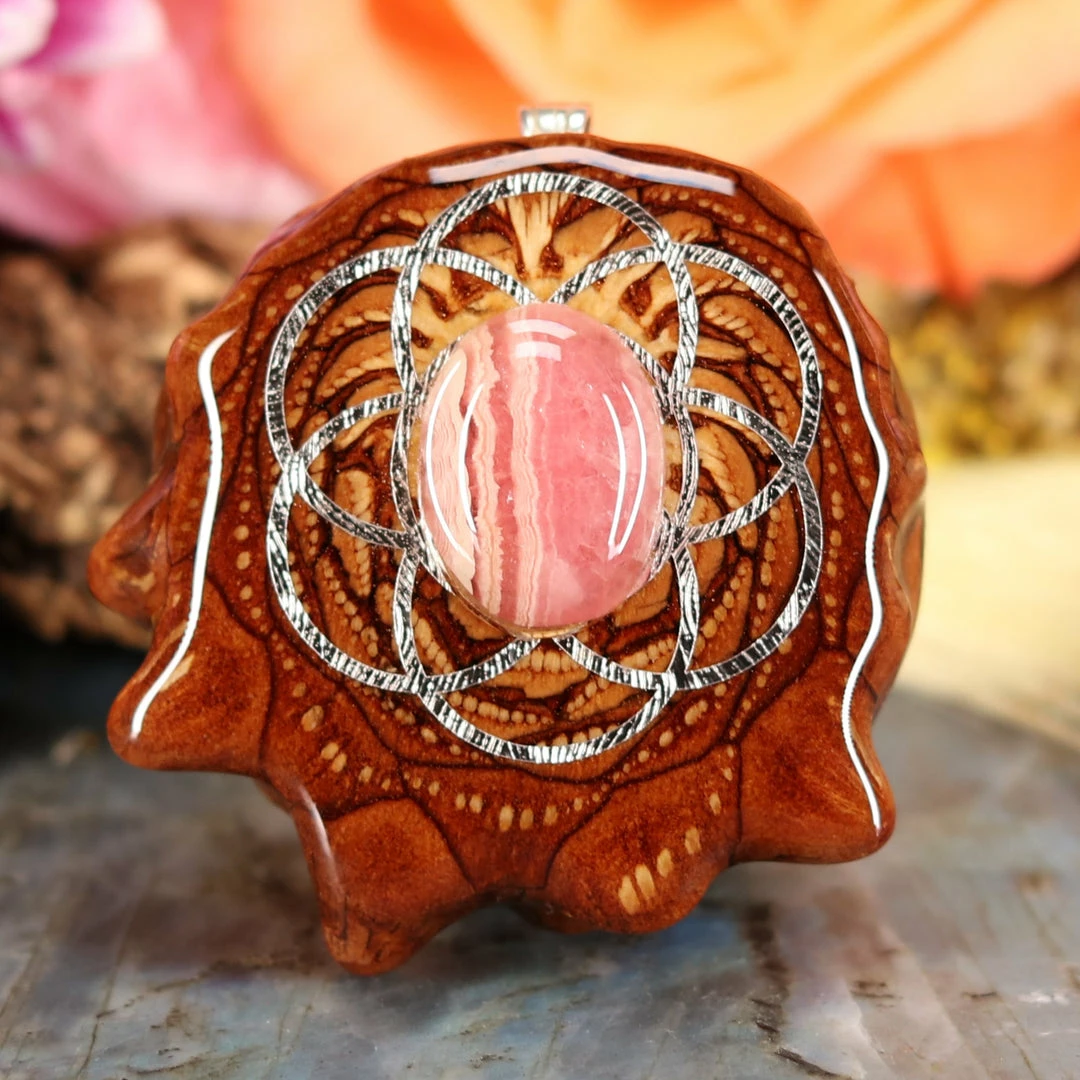 TEP Rhodochrosite With Silver Seed Of Life Pendants 3 TEP Rhodochrosite With Silver Seed Of Life Pendants