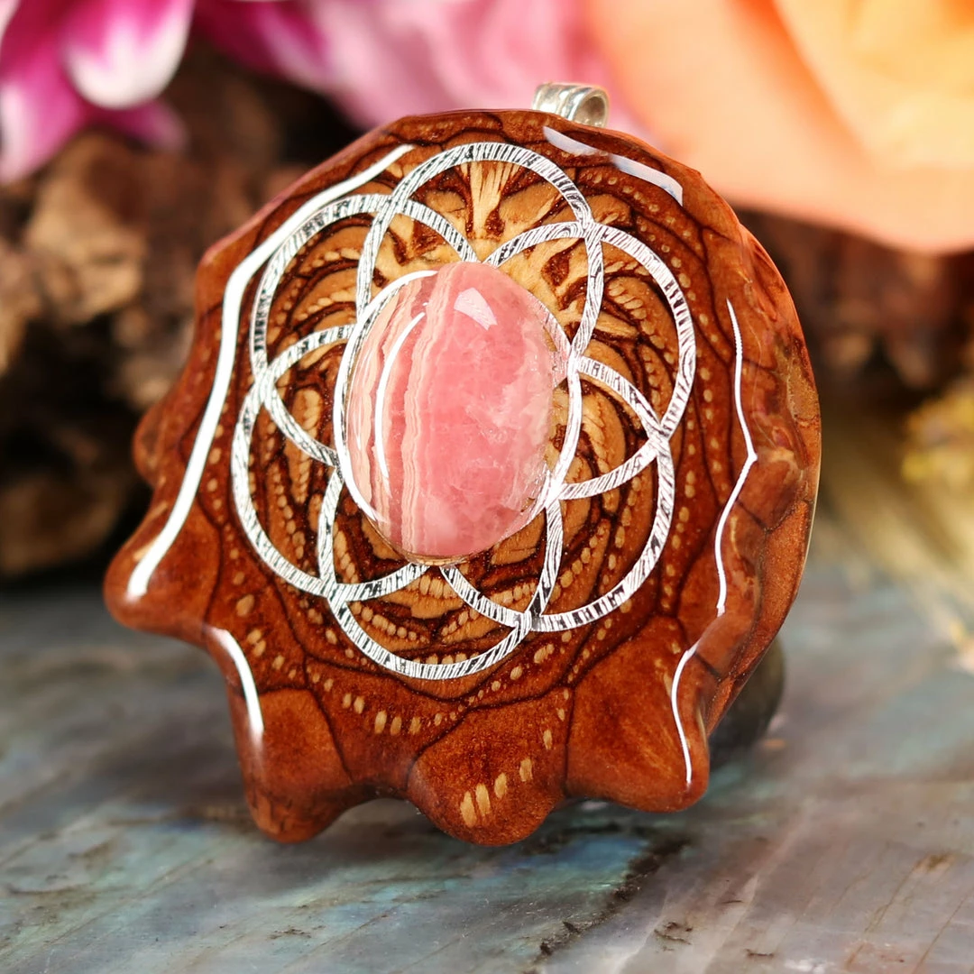 TEP Rhodochrosite With Silver Seed Of Life Pendants 4 TEP Rhodochrosite With Silver Seed Of Life Pendants