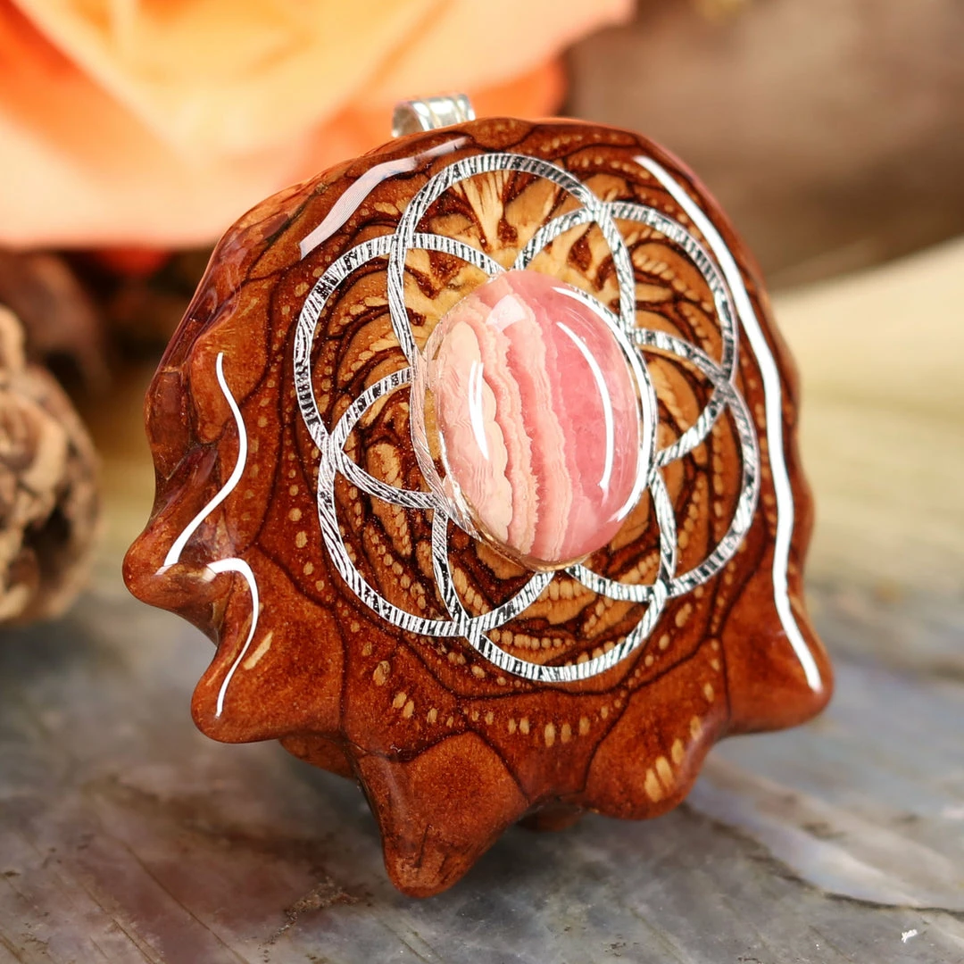 TEP Rhodochrosite With Silver Seed Of Life Pendants 5 TEP Rhodochrosite With Silver Seed Of Life Pendants