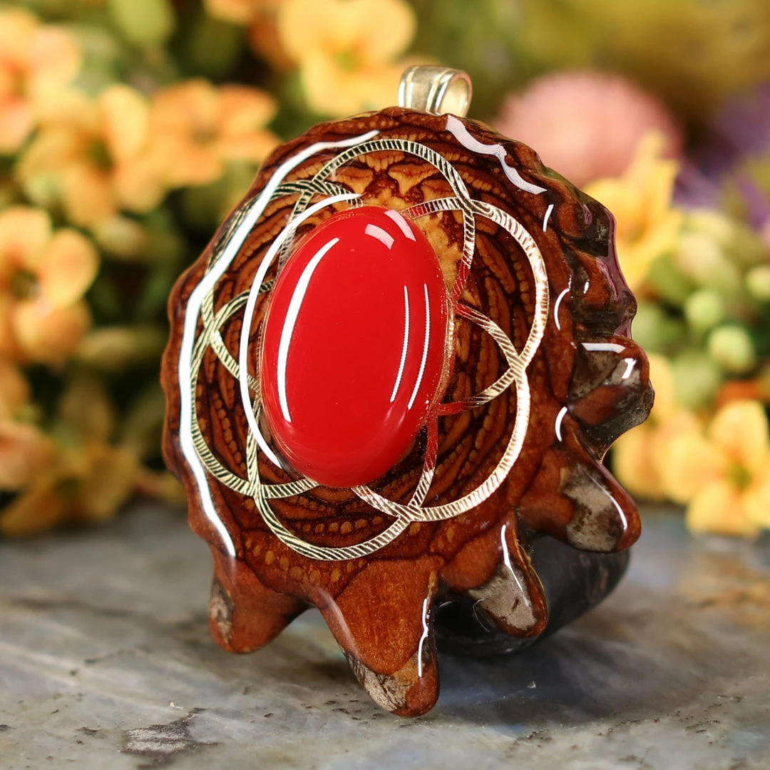 TEP Red Coral With Gold Seed Of Life Pendants 4 TEP Red Coral With Gold Seed Of Life Pendants