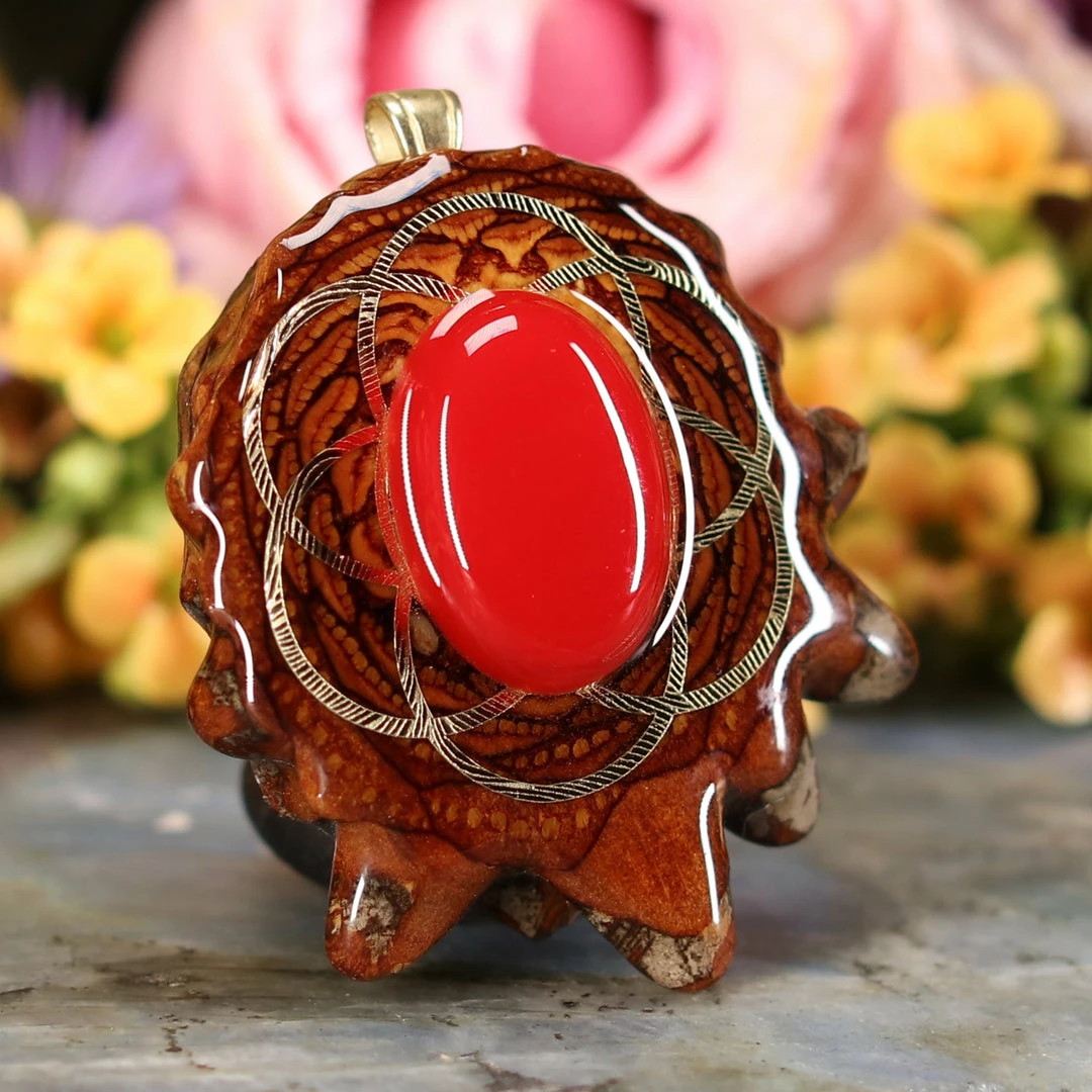 TEP Red Coral With Gold Seed Of Life Pendants 5 TEP Red Coral With Gold Seed Of Life Pendants