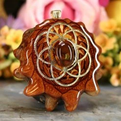 TEP Pendants Mexican Fire Agate With Gold Seed Of Life And Back Om
