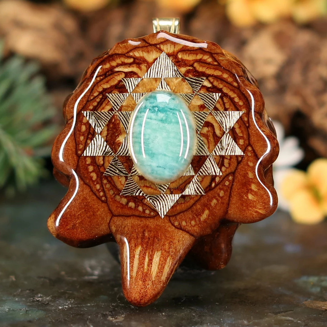 TEP Pendants Amazonite With Gold Sri Yantra 3 TEP Pendants Amazonite With Gold Sri Yantra
