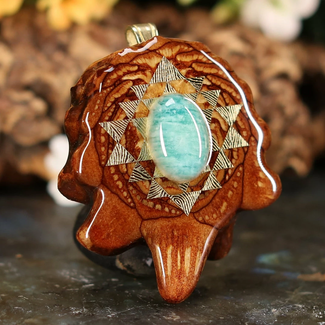 TEP Pendants Amazonite With Gold Sri Yantra 5 TEP Pendants Amazonite With Gold Sri Yantra