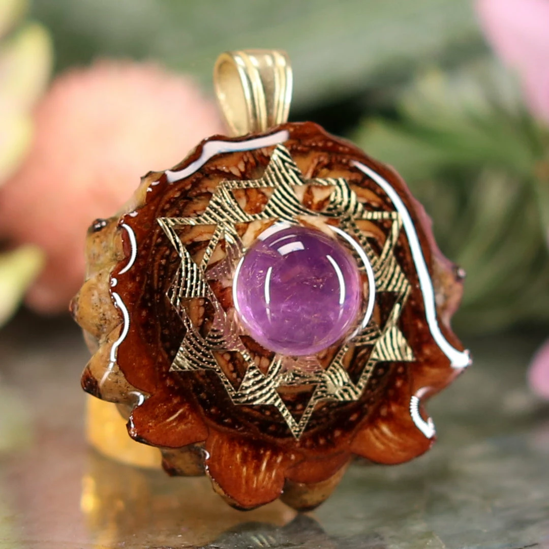 TEP Pendants Amethyst With Gold 64 Star Tetrahedron 5 TEP Pendants Amethyst With Gold 64 Star Tetrahedron