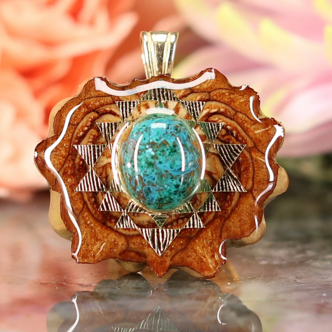 TEP Pendants Chrysocolla With Gold Sri Yantra 3 TEP Pendants Chrysocolla With Gold Sri Yantra