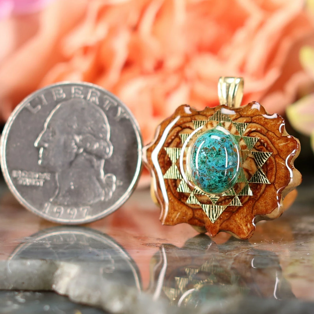 TEP Pendants Chrysocolla With Gold Sri Yantra 4 TEP Pendants Chrysocolla With Gold Sri Yantra
