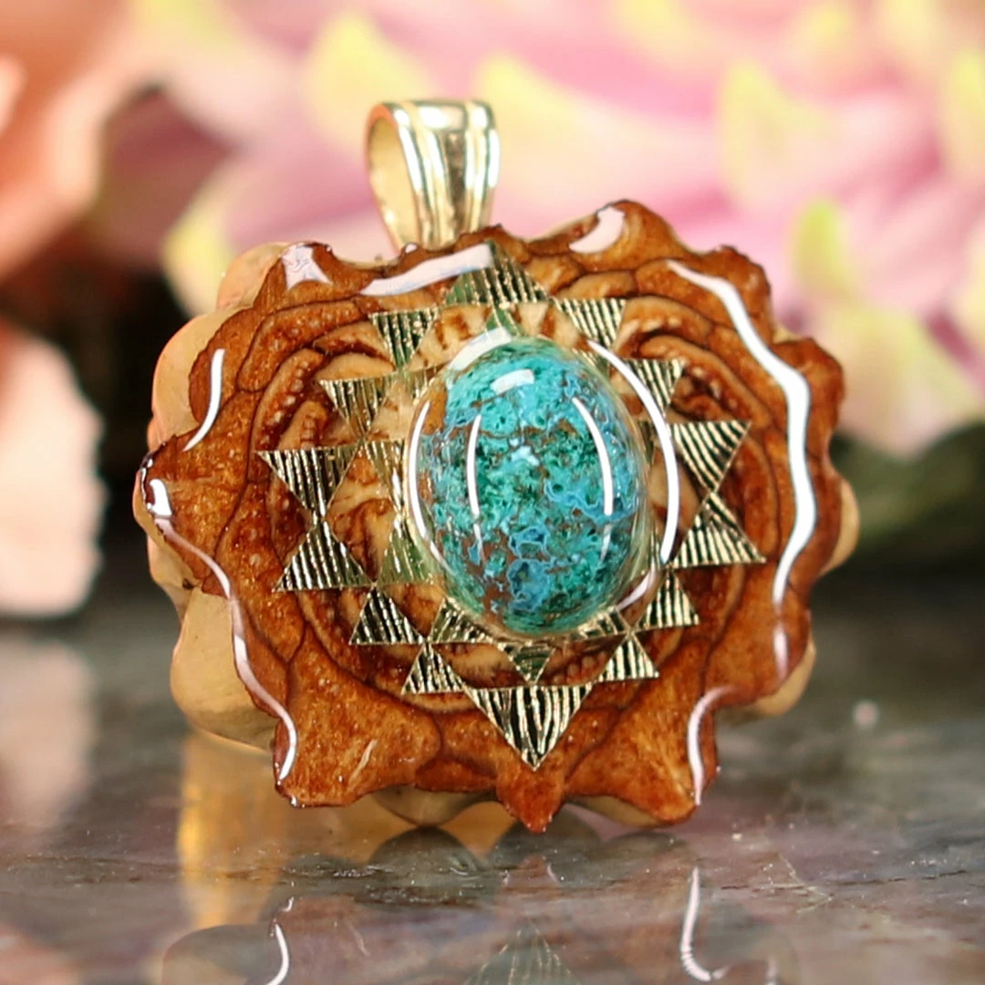 TEP Pendants Chrysocolla With Gold Sri Yantra 5 TEP Pendants Chrysocolla With Gold Sri Yantra