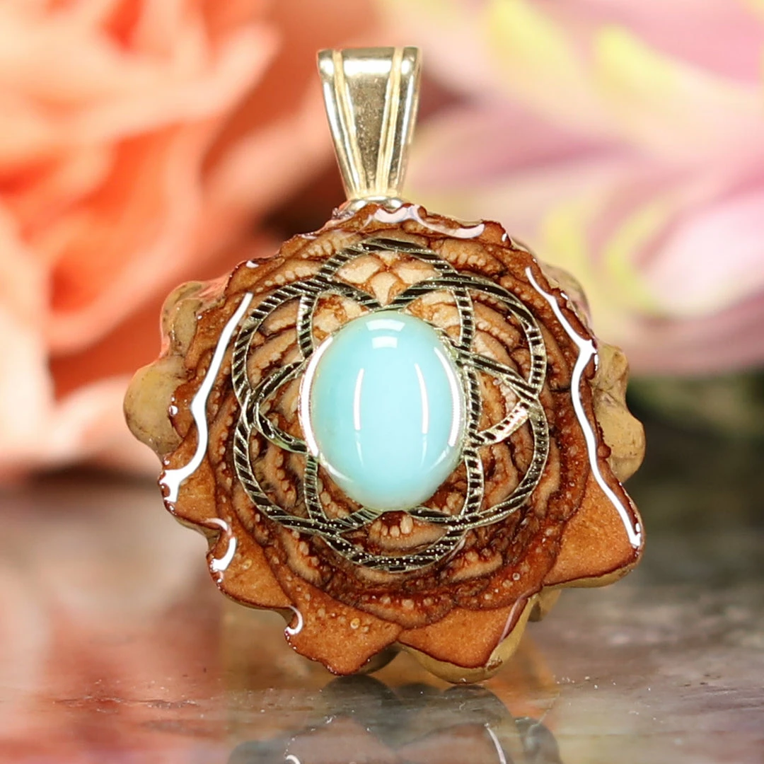 TEP Turquoise With Gold Seed Of Life Pendants 3 TEP Turquoise With Gold Seed Of Life Pendants