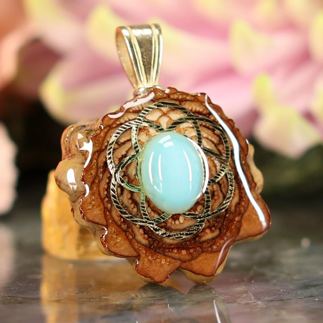 TEP Turquoise With Gold Seed Of Life Pendants 5 TEP Turquoise With Gold Seed Of Life Pendants