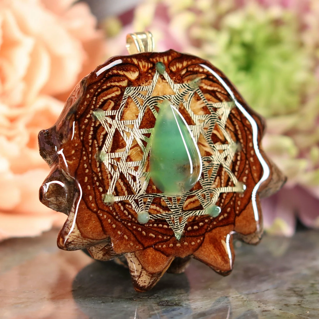 TEP Chrysoprase With Gold 64 Star Tetrahedron Multi-Stone Pendants 5 TEP Chrysoprase With Gold 64 Star Tetrahedron Multi-Stone Pendants