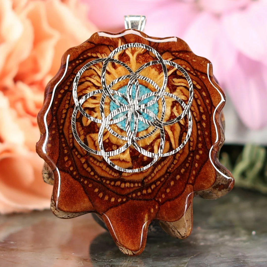 TEP Crushed Turquoise (Glows) With Silver Seed Of Life 3 TEP Crushed Turquoise (Glows) With Silver Seed Of Life