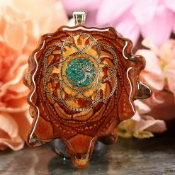 TEP Pendants Crushed Malachite (Glows) With Gold Seed Of Life And Front Om