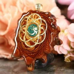 TEP Pendants Crushed Malachite (Glows) With Gold Seed Of Life And Front Om