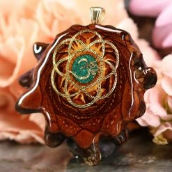 TEP Crushed Malachite (Glows) With Gold Seed Of Life And Front Om Pendants