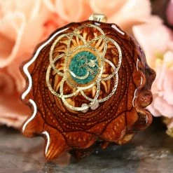 TEP Pendants Crushed Malachite (Glows) With Gold Seed Of Life And Front Om