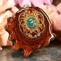 TEP Pendants Crushed Malachite (Glows) With Gold Seed Of Life And Front Om