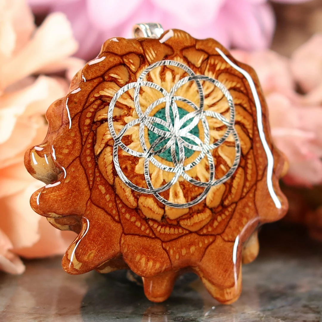 TEP Pendants Crushed Malachite (Glows) With Silver Seed Of Life 5 TEP Pendants Crushed Malachite (Glows) With Silver Seed Of Life