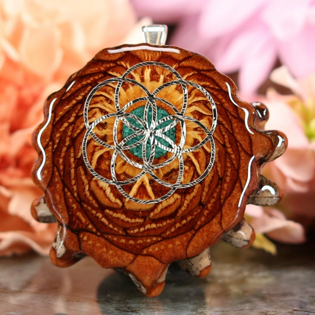 TEP Crushed Malachite (Glows) With Silver Seed Of Life Pendants 3 TEP Crushed Malachite (Glows) With Silver Seed Of Life Pendants