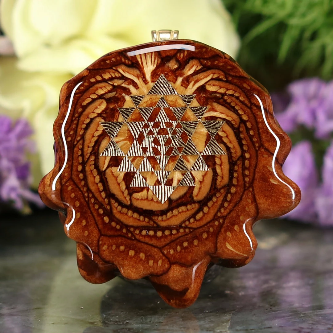 TEP Pendants Natural With Gold Sri Yantra 3 TEP Pendants Natural With Gold Sri Yantra