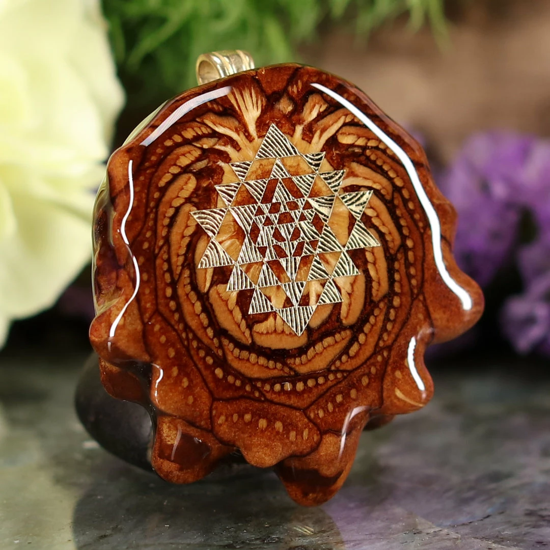 TEP Pendants Natural With Gold Sri Yantra 5 TEP Pendants Natural With Gold Sri Yantra