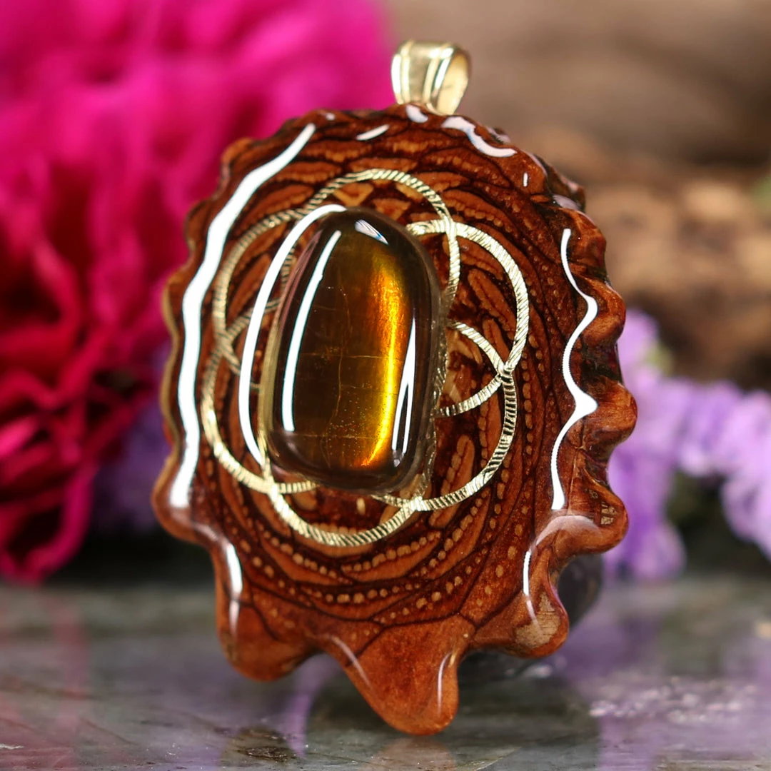 TEP Ammolite With Gold Seed Of Life And Back Om Pendants 4 TEP Ammolite With Gold Seed Of Life And Back Om Pendants