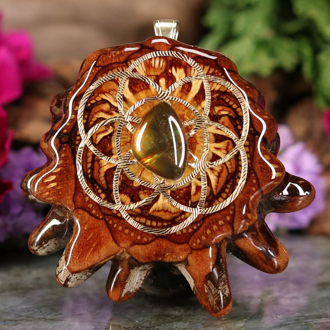 TEP Ammolite With Gold Seed Of Life Pendants 3 TEP Ammolite With Gold Seed Of Life Pendants