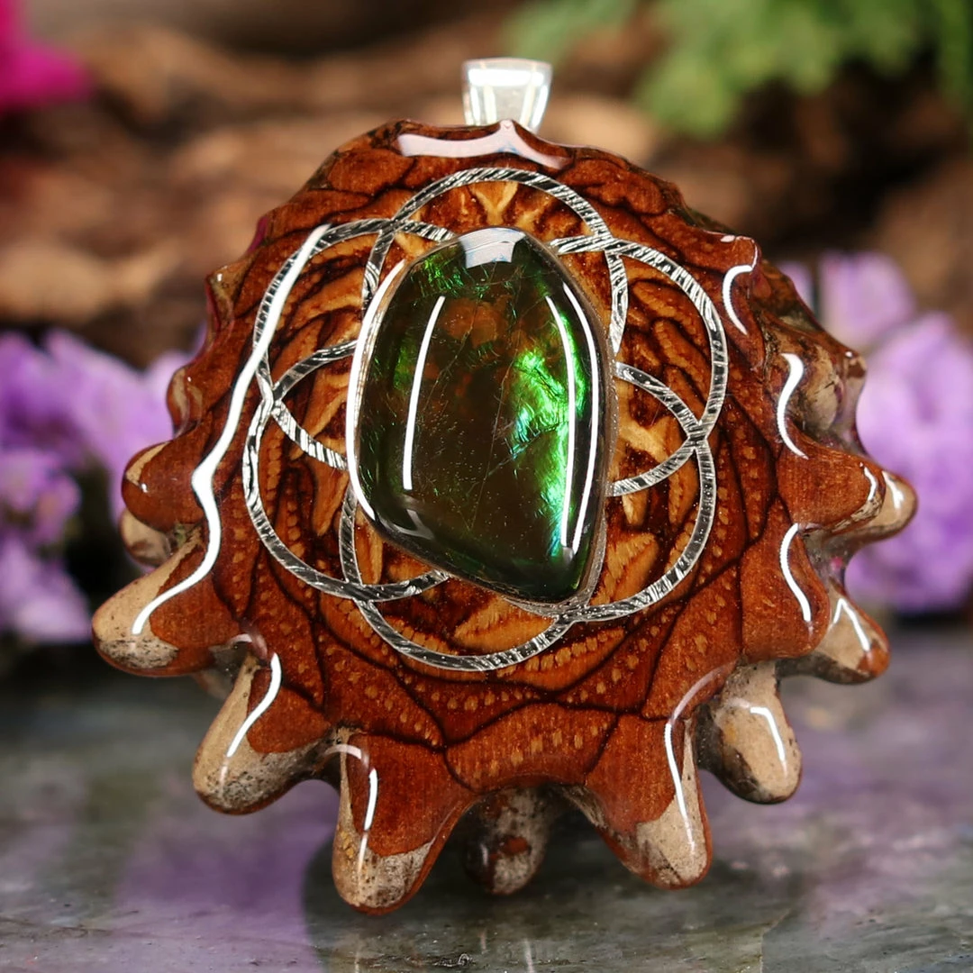 TEP Ammolite With Silver Seed Of Life And Back Om 3 TEP Ammolite With Silver Seed Of Life And Back Om