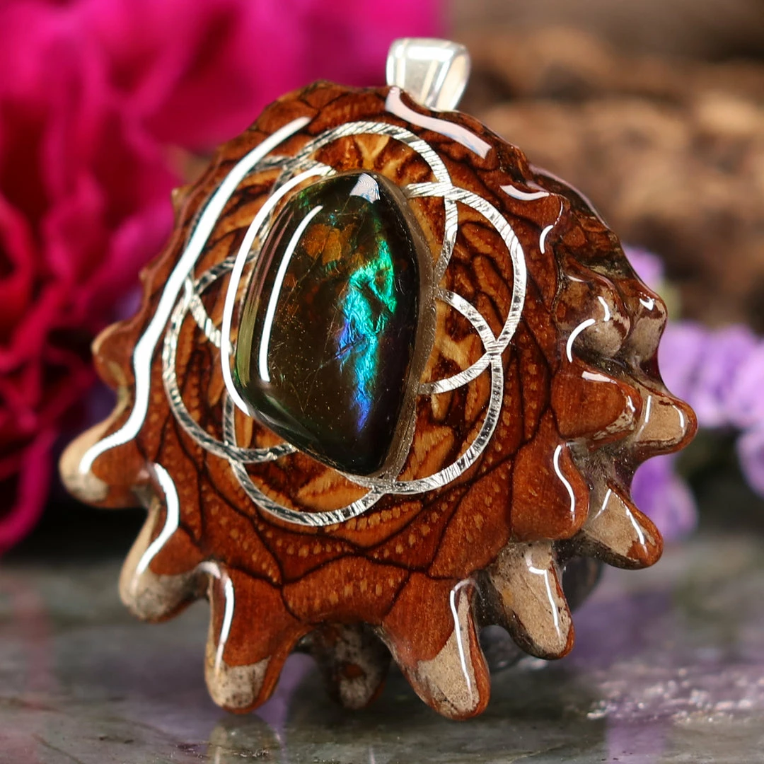 TEP Ammolite With Silver Seed Of Life And Back Om 4 TEP Ammolite With Silver Seed Of Life And Back Om