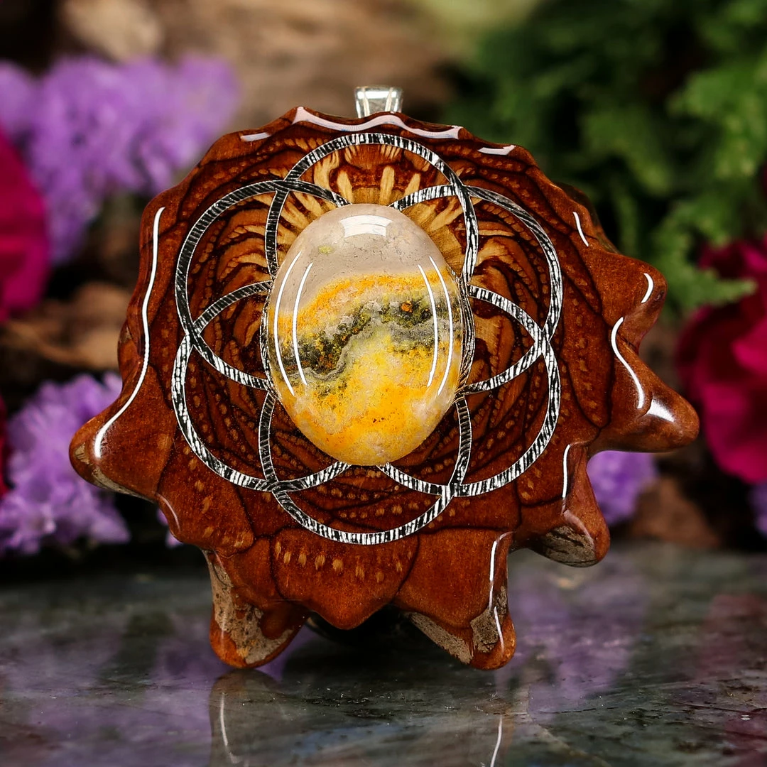 TEP Pendants Bumblebee Jasper With Silver Seed Of Life 3 TEP Pendants Bumblebee Jasper With Silver Seed Of Life