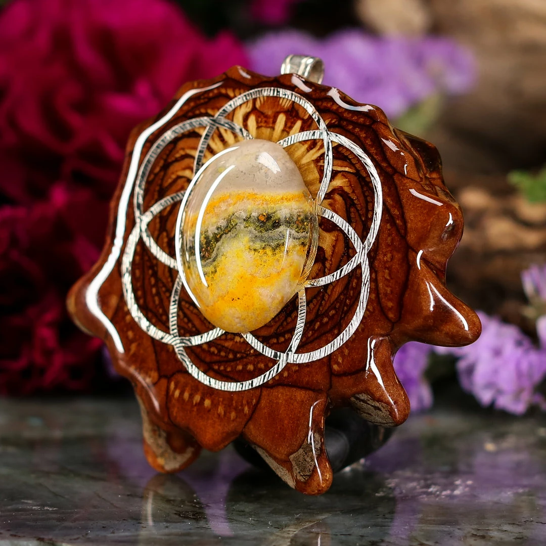 TEP Pendants Bumblebee Jasper With Silver Seed Of Life 4 TEP Pendants Bumblebee Jasper With Silver Seed Of Life