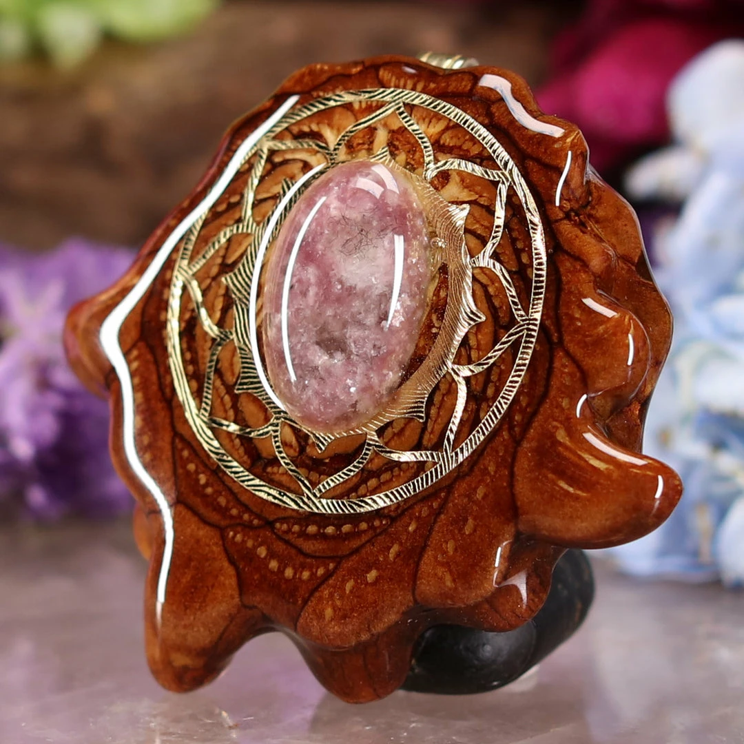 TEP Pendants Lepidolite With Gold Lotus 4 TEP Pendants Lepidolite With Gold Lotus