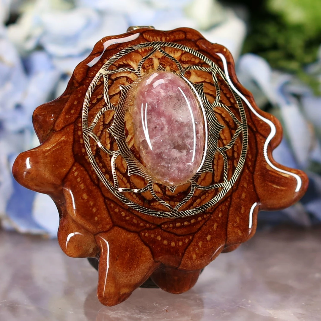 TEP Pendants Lepidolite With Gold Lotus 5 TEP Pendants Lepidolite With Gold Lotus