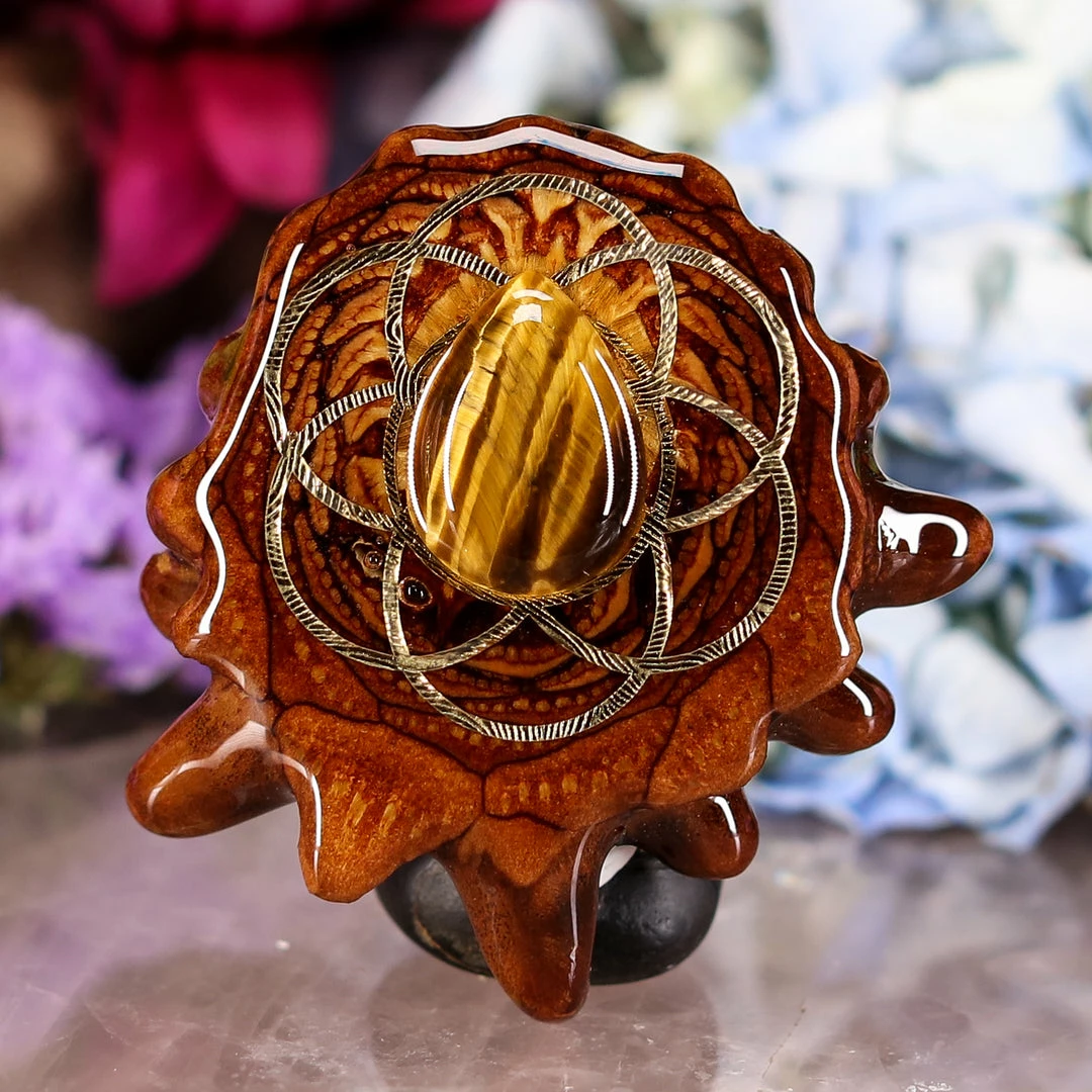 TEP Yellow Tiger's Eye With Gold Seed Of Life Pendants 3 TEP Yellow Tiger's Eye With Gold Seed Of Life Pendants