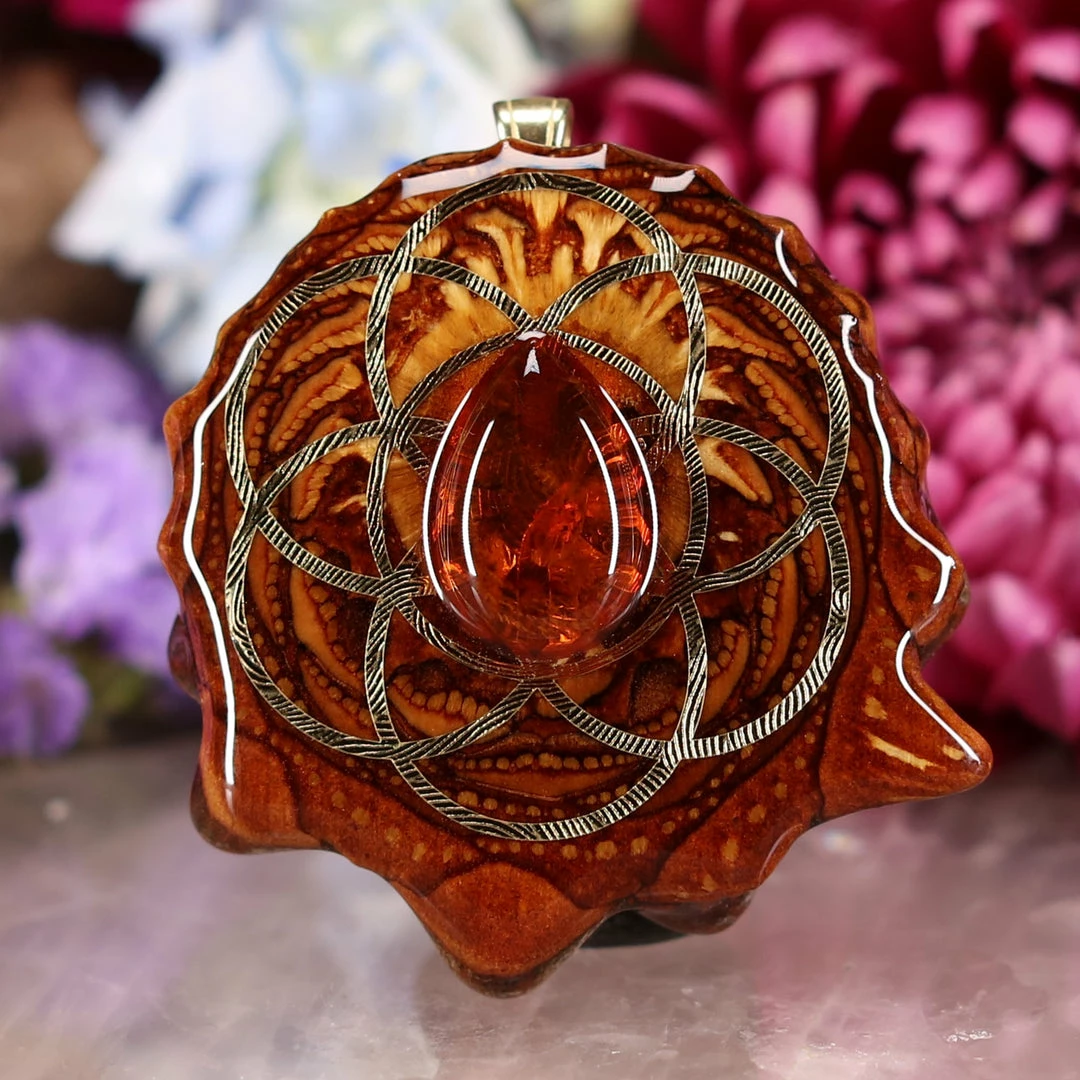 TEP Red Amber With Gold Seed Of Life And Back Om Pendants 3 TEP Red Amber With Gold Seed Of Life And Back Om Pendants