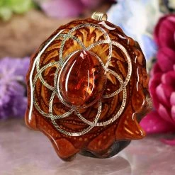 TEP Red Amber With Gold Seed Of Life And Back Om Pendants