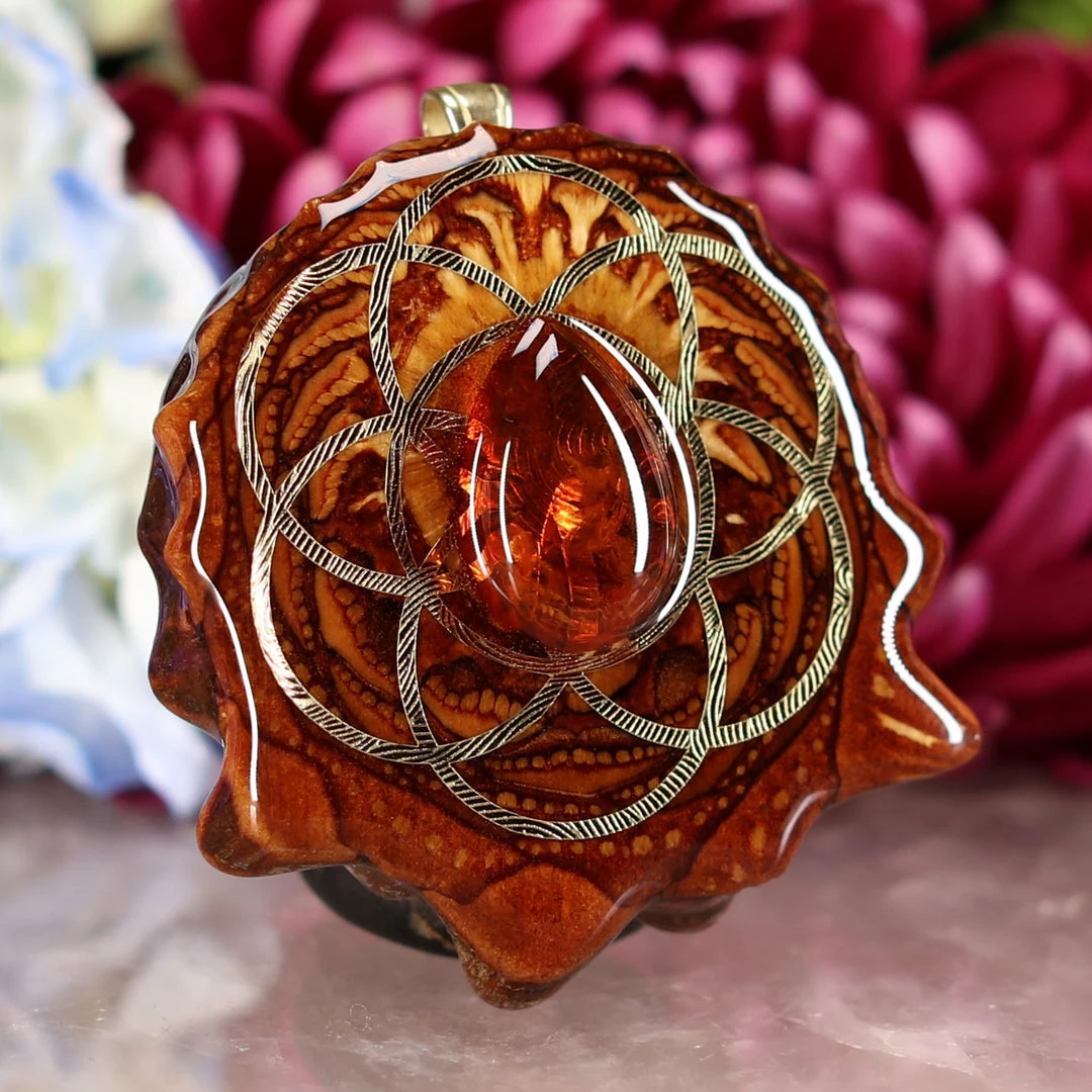 TEP Red Amber With Gold Seed Of Life And Back Om Pendants 5 TEP Red Amber With Gold Seed Of Life And Back Om Pendants