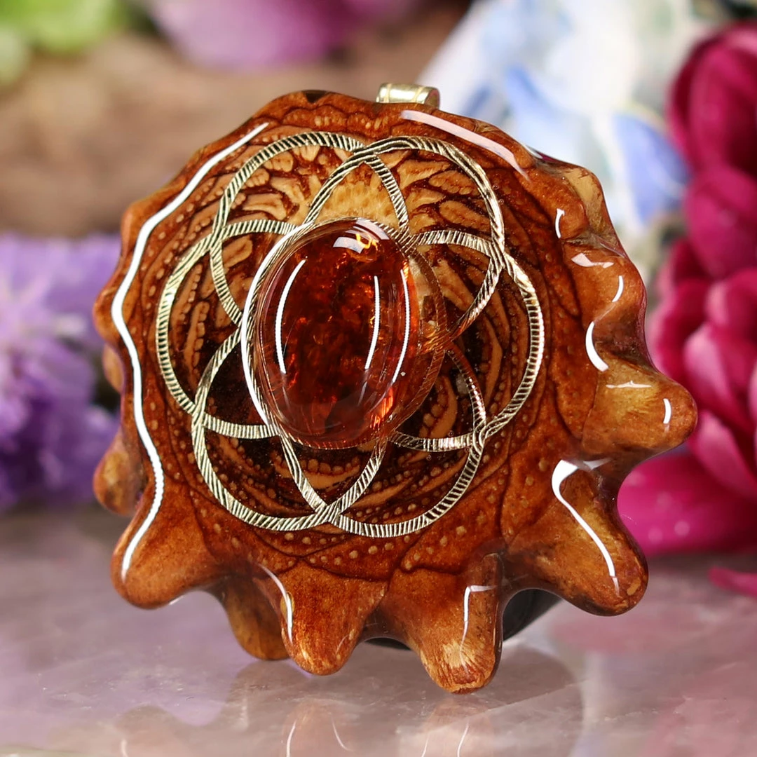TEP Red Amber With Gold Seed Of Life Pendants 4 TEP Red Amber With Gold Seed Of Life Pendants