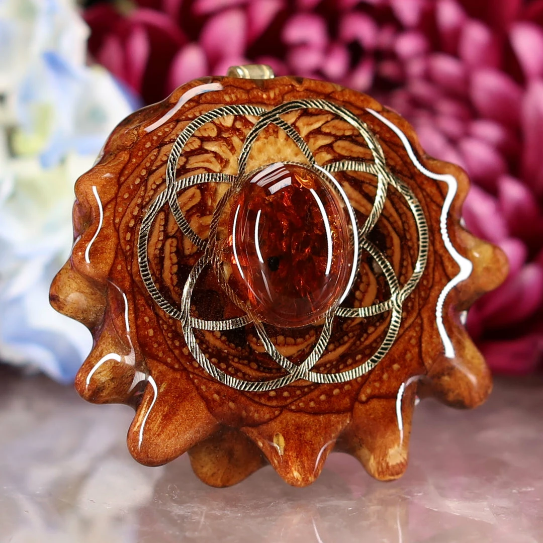 TEP Red Amber With Gold Seed Of Life Pendants 5 TEP Red Amber With Gold Seed Of Life Pendants