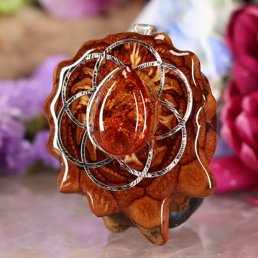 TEP Pendants Red Amber With Silver Seed Of Life 4 TEP Pendants Red Amber With Silver Seed Of Life