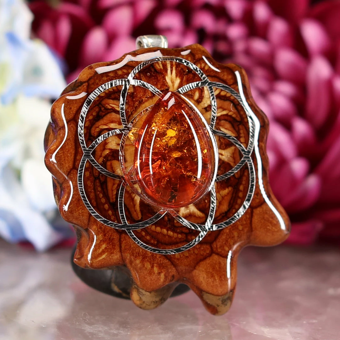 TEP Pendants Red Amber With Silver Seed Of Life 5 TEP Pendants Red Amber With Silver Seed Of Life