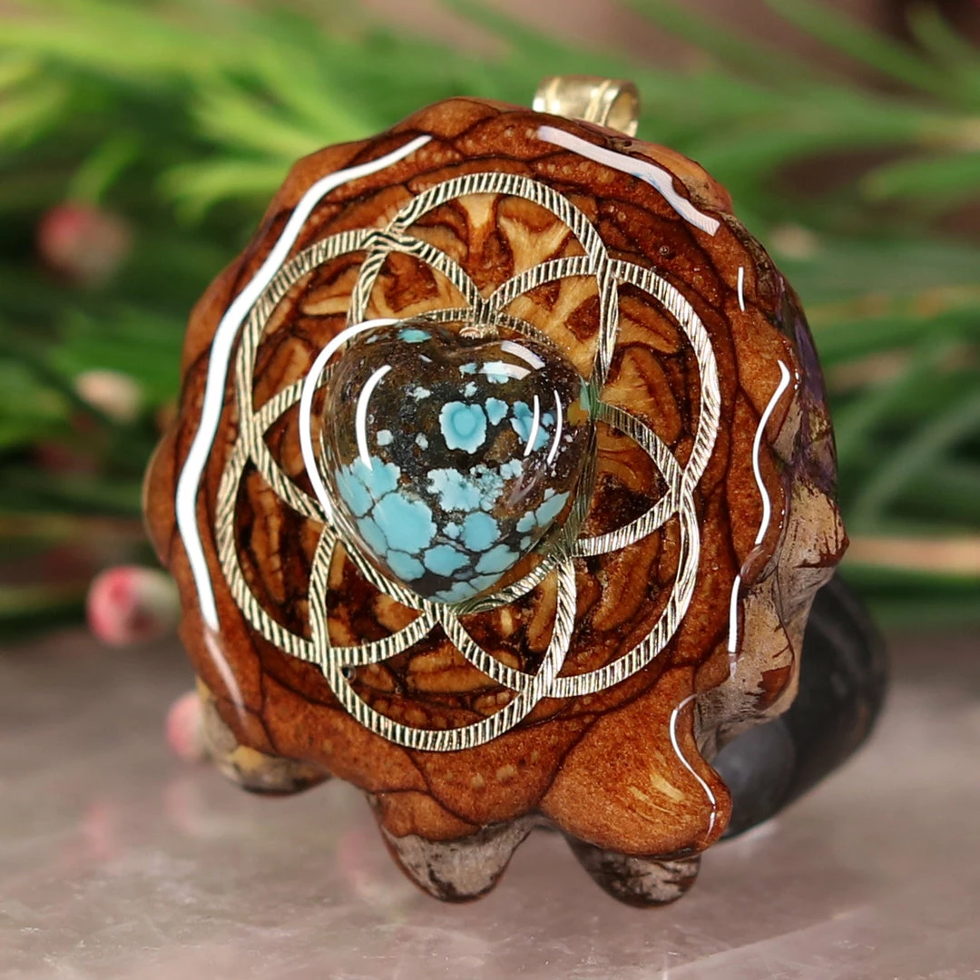 TEP Turquoise Heart With Gold Seed Of Life Pendants 4 TEP Turquoise Heart With Gold Seed Of Life Pendants