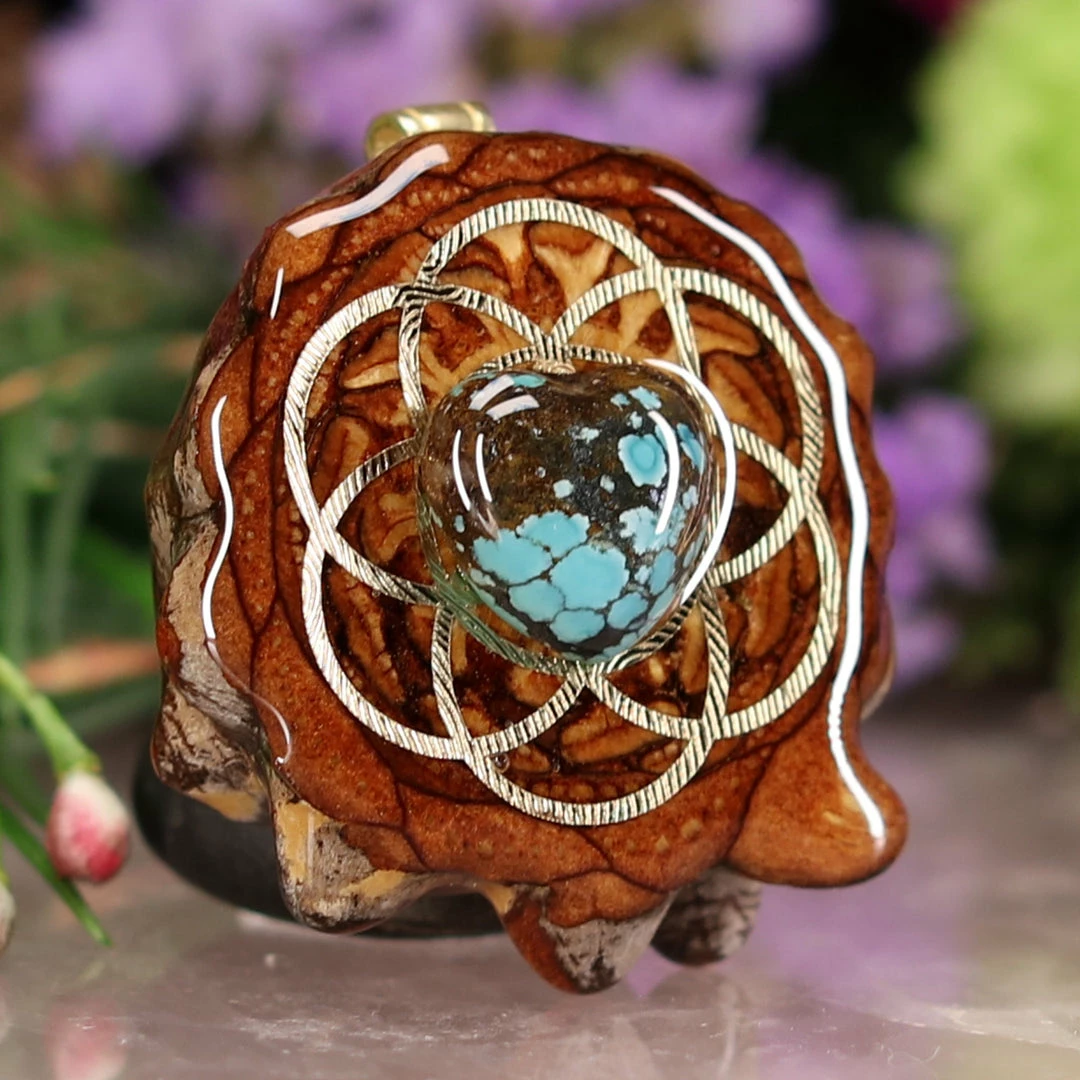 TEP Turquoise Heart With Gold Seed Of Life Pendants 5 TEP Turquoise Heart With Gold Seed Of Life Pendants