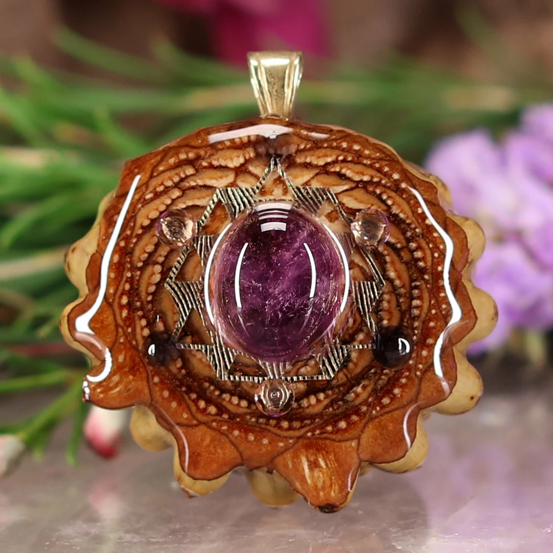 TEP Pendants Amethyst With Gold 64 Star Tetrahedron Multi-Stone 3 TEP Pendants Amethyst With Gold 64 Star Tetrahedron Multi-Stone