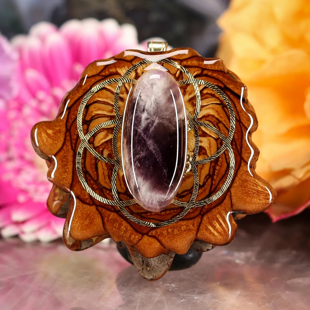 TEP Pendants Amethyst With Gold Seed Of Life 3 TEP Pendants Amethyst With Gold Seed Of Life